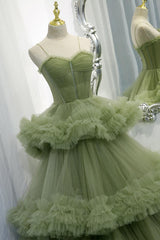 Elegant Straps Pleated Green Tiered Tulle Prom Formal Dress TP1148