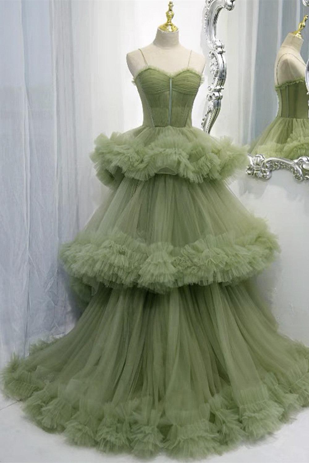 Elegant Straps Pleated Green Tiered Tulle Prom Formal Dress TP1148