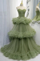 Elegant Straps Pleated Green Tiered Tulle Prom Formal Dress TP1148