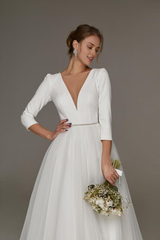 Elegant Tea-Length Minimalist Wedding Dress Short Wedding Party Dress A-line White Dress Long Sleeve Evening Dress Tulle Prom Dress