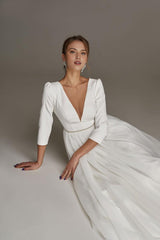 Elegant Tea-Length Minimalist Wedding Dress Short Wedding Party Dress A-line White Dress Long Sleeve Evening Dress Tulle Prom Dress