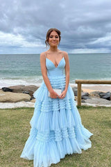 Elegant Tulle Ball Gown V Neck Side Split Layered Long Prom Dress TP1190