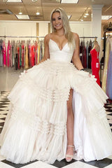 Elegant Tulle Ball Gown V Neck Side Split Layered Long Prom Dress TP1190
