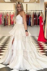 Elegant Tulle Ball Gown V Neck Side Split Layered Long Prom Dress TP1190