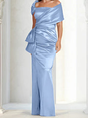 Tight fitting/column off shoulder to ground length, mother of the bride dresses