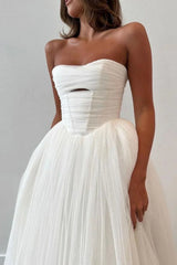 Elegant A Line Strapless Tulle Long Wedding Dress with Sweep Train