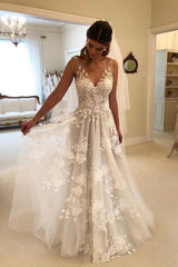 Elegant A-line Lace V-neck Tulle Long Wedding Dress with Appliques TN210