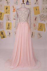 Elegant Cowl Sweep Train Chiffon Blush Long Prom Dress With Long Sleeves TP0029