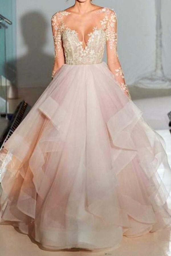 Elegant Sleeves Illusion Back Appliques Beading Tulle Wedding Dress TN0062