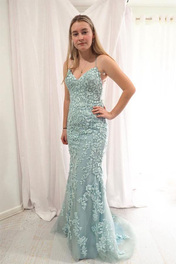 Elegant Straps Mermaid Mint Green Long Lace Prom/Evening Dress TP0986