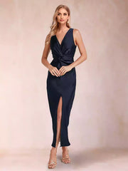Elegant and charming slim fit/straight V-neck pleated and ankle length side slit Mother of the Bride Dresses
