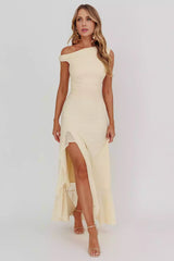 Elegant asymmetrical off shoulder collar with leg slits and side zippers for a cute and charming Prom Dresses
