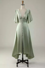 Elegant backless polyester fiber asymmetrical deep V-neck half sleeve back zipper Bridesmaid Dresses