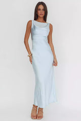 Elegant dangling neckline with sleeveless lining, scarf collar and zipper at the back, Prom Dresses