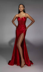 Elegant long stretch satin tight corset with back straps and front leg slits Prom Dresses
