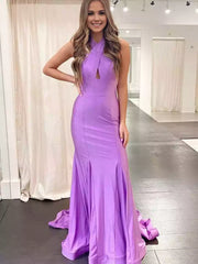 Elegant mermaid satin halter neckline sleeveless zipper back Prom Dresses