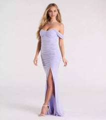 Elegant off shoulder heart-shaped neckline with high slit, pleated mermaid and floor Prom Dresses