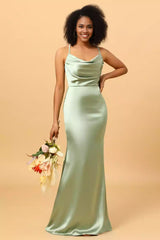 Elegant satin thin shoulder strap fish tail shaped scarf collar and floor Bridesmaid Dresses