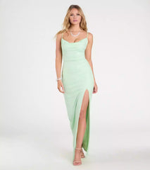 Elegant sleeveless hanging neck square back, fully knitted thin shoulder straps, high waist stitching, front high slit and floor Prom Dresses