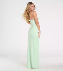 Elegant sleeveless hanging neck square back, fully knitted thin shoulder straps, high waist stitching, front high slit and floor Prom Dresses
