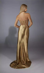 Elegant strapless slim cut chest adorned with sequined see through corset and satin skirt front slit Prom Dresses
