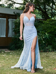 Beaded Lace Applique Spaghetti Strap Mermaid Long Dress with High Slit Sky Blue