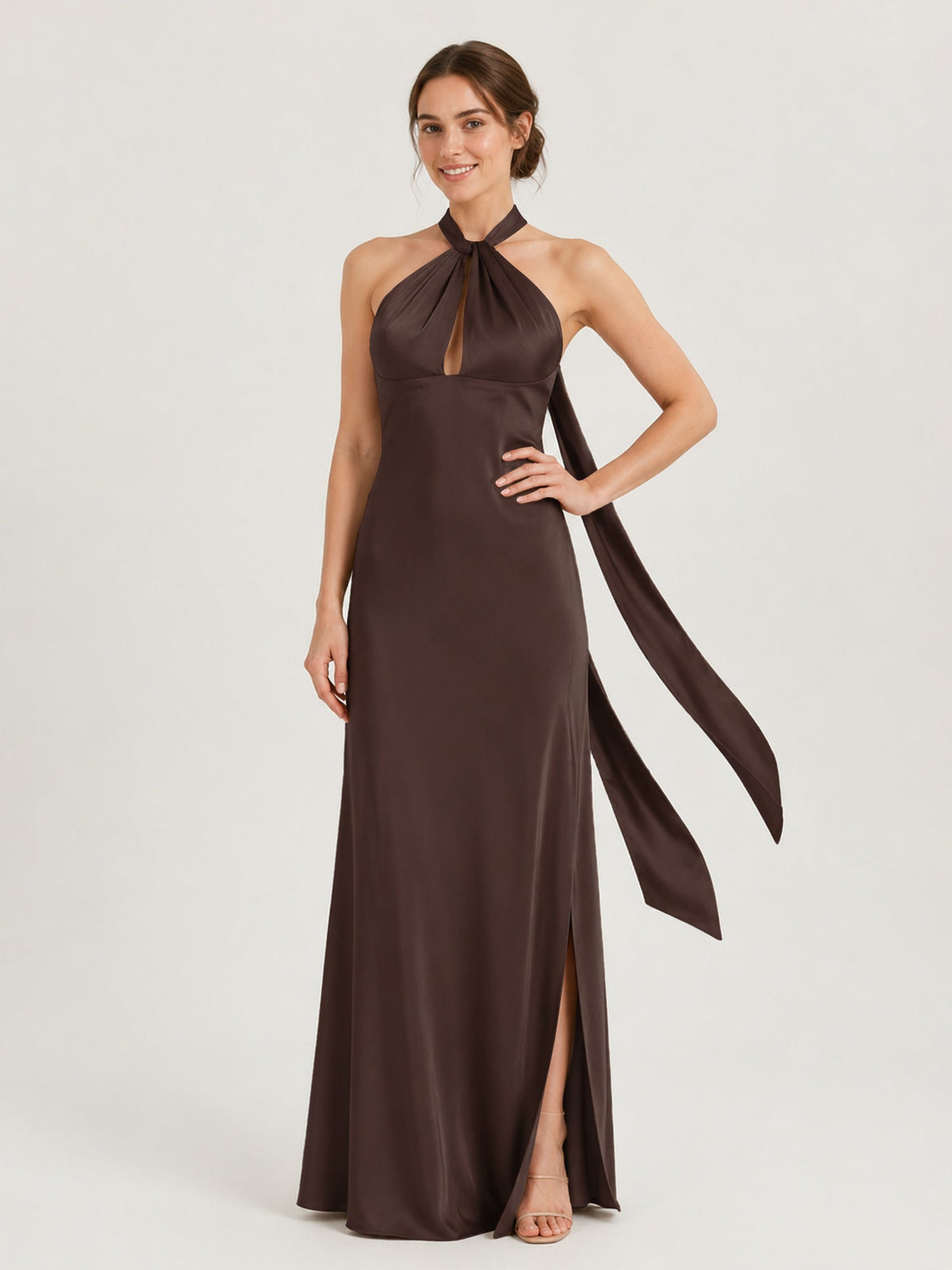 Twist Halter Neck Satin Gown with Keyhole Detail Chocolate