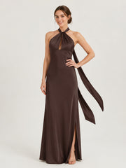 Twist Halter Neck Satin Gown with Keyhole Detail Chocolate