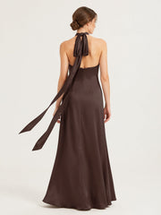 Twist Halter Neck Satin Gown with Keyhole Detail Chocolate