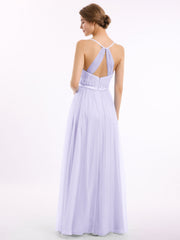 V Neck Tulle Long Dresses with Satin Sash Lilac