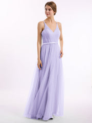 V Neck Tulle Long Dresses with Satin Sash Lilac