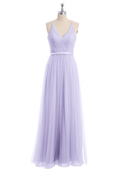 V Neck Tulle Long Dresses with Satin Sash Lilac