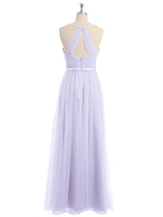 V Neck Tulle Long Dresses with Satin Sash Lilac