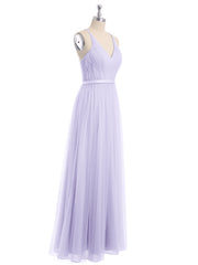 V Neck Tulle Long Dresses with Satin Sash Lilac