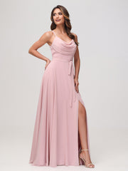 Sexy Cowl Neck Ruched Chiffon Long Dress with Slit Dusty Rose