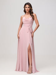 Sexy Cowl Neck Ruched Chiffon Long Dress with Slit Dusty Rose