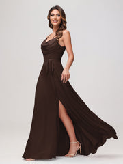 Sexy Cowl Neck Ruched Chiffon Long Dress with Slit Chocolate