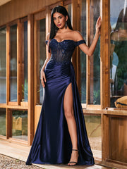 Off-the-Shoulder Sheer Top with Beaded Thigh-Slit Slim-Fitting Long Gown Dark Navy
