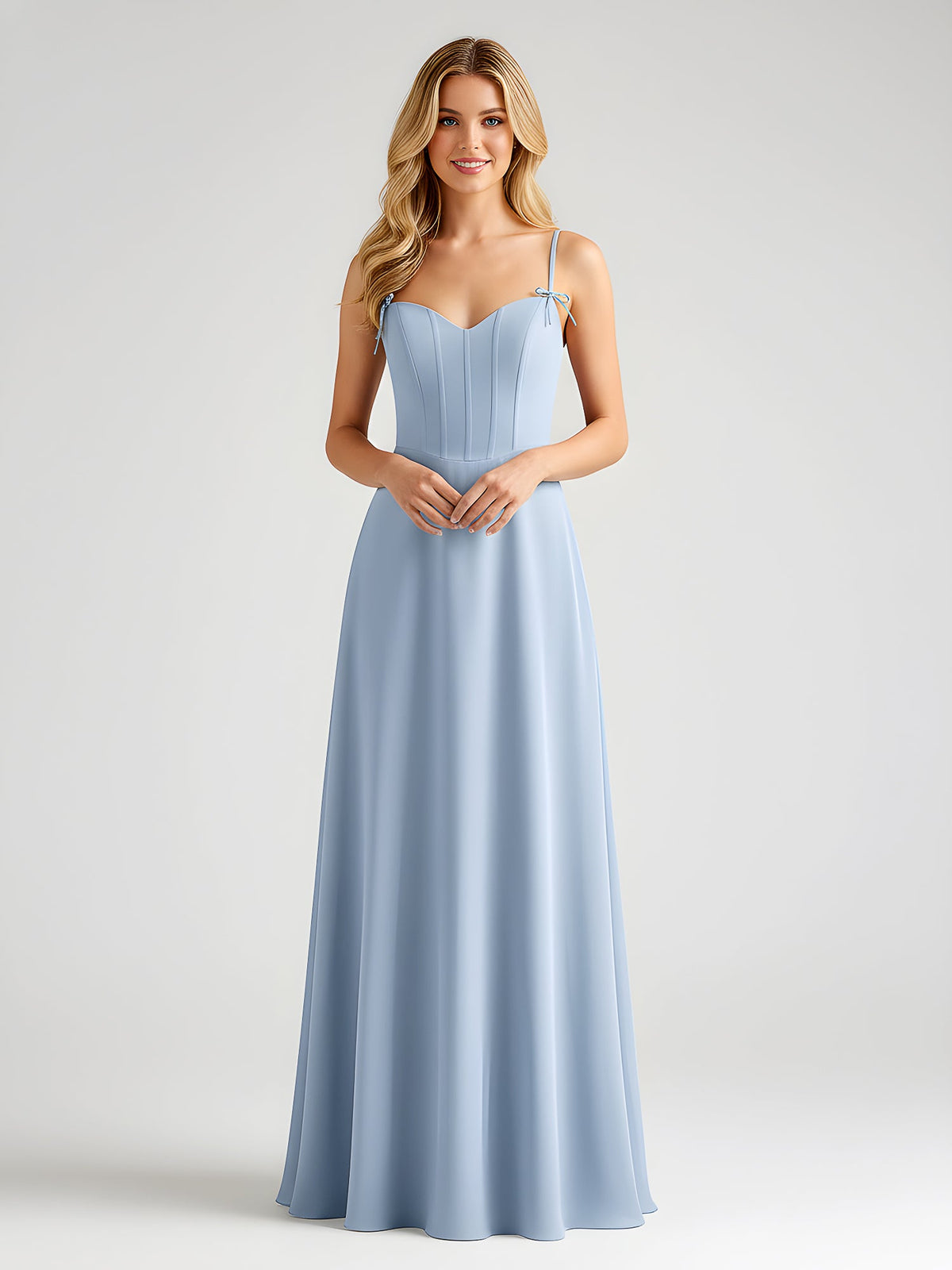 Spaghetti Strap A-Line Maxi with Bow Ties Dusty Blue