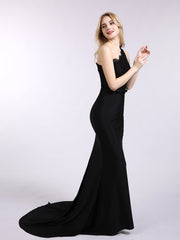 One Shoulder Mermaid Dress with Train Black