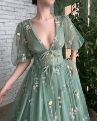 Embroidered Sage Green Prom Dresses Tulle Mesh Half Sleeves Flower Mexi Dress