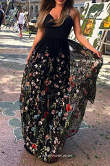 Embroidery Tulle Floral Black Spaghetti Strap Charming Prom Dresses, CP0736