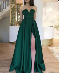 Strapless Floor Length Satin Split Dress
