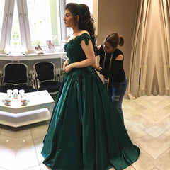 Emerald Green Satin Engagement Dresses Lace Off Shoulder Ball Gown
