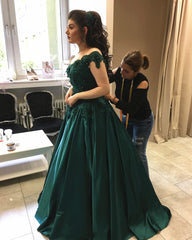 Emerald Green Satin Engagement Dresses Lace Off Shoulder Ball Gown
