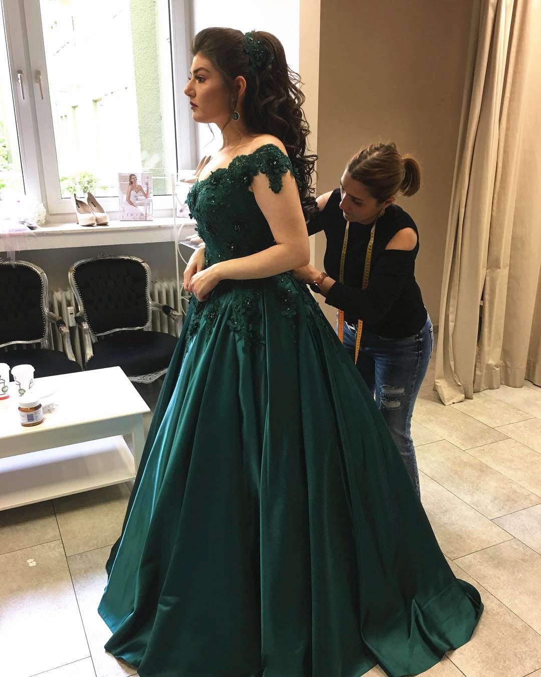 Emerald Green Satin Engagement Dresses Lace Off Shoulder Ball Gown