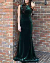 Velvet Mermaid Bridesmaid Dresses High Neck Open Back
