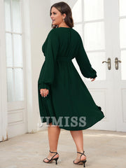 Plus size evening dress mid length dress winter long sleeved wrap V-neck belt A-line flowing party dress