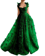 Long Tulle Prom Dress with 3D Butterflies Floor Length Formal Evening Party Gowns for Women Lace Applique