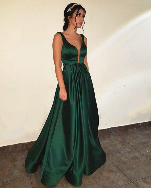 Long Satin V-neck Prom Dresses Backless Evening Gowns
